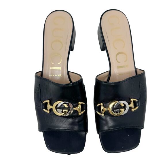 Gucci Zumi Black Leather GG Logo Slide Sandals Low Heel Mules Made Italy EU 38 - Picture 3 of 10